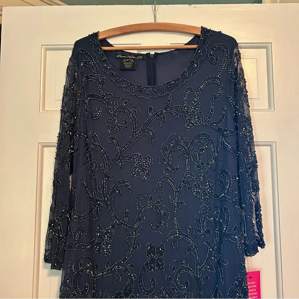 Pisarro Nights Blue Sequin Embellished Long Sleeve Gown - Picture 5 of 6